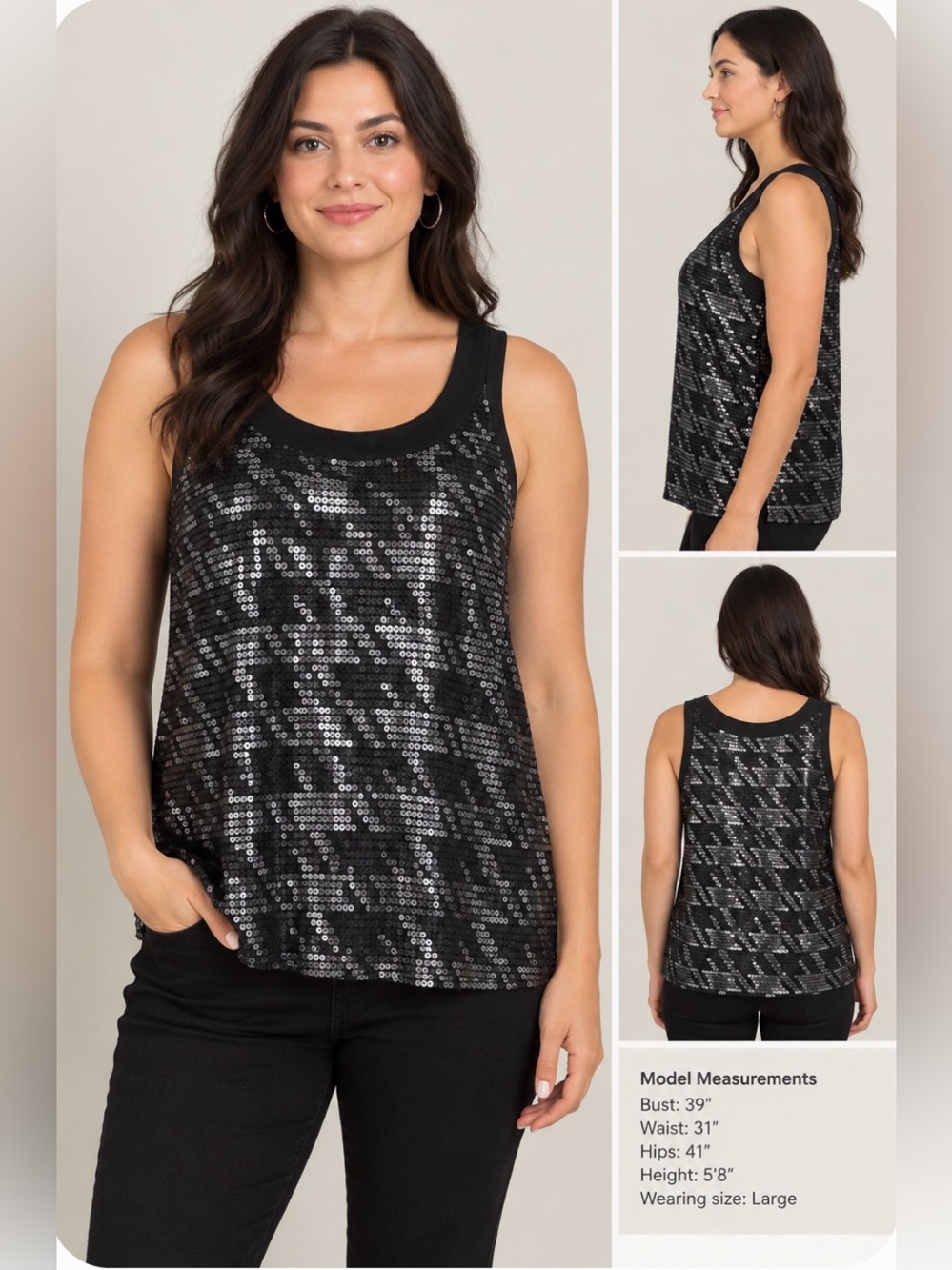 Tommy Hilfiger Black Silver Sequin Geometric Halter Tank Top Blouse Large